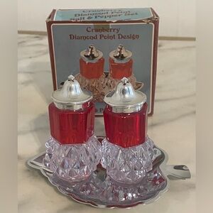 Vintage 1960s Cranberry Diamond Point Design Salt & Pepper Set, Hong Kong